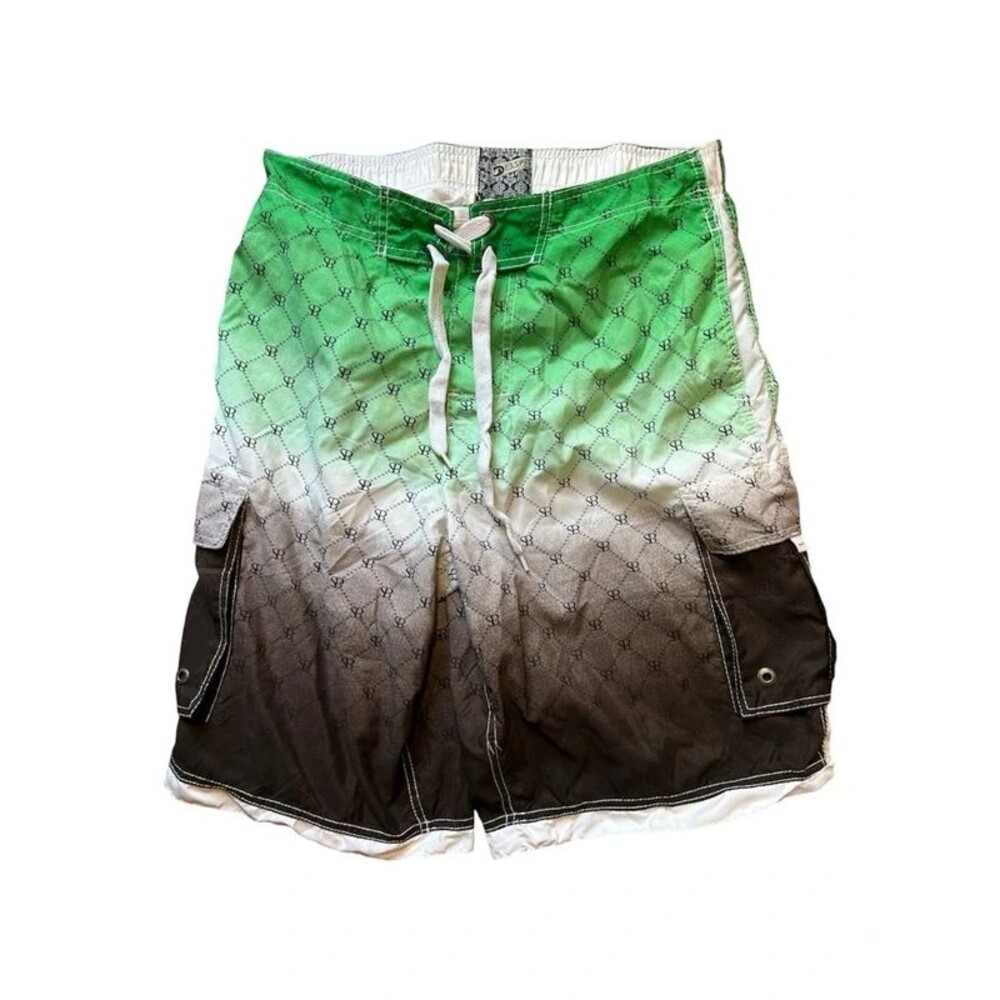 Mens Large Green Black Monogram Swim Trunks Board Shorts